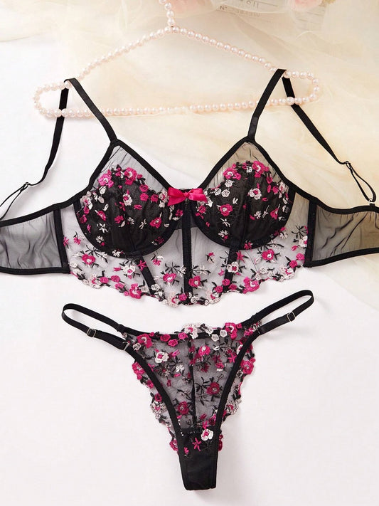 Ladies’ Flowers Embroidery Mesh Lingerie Set