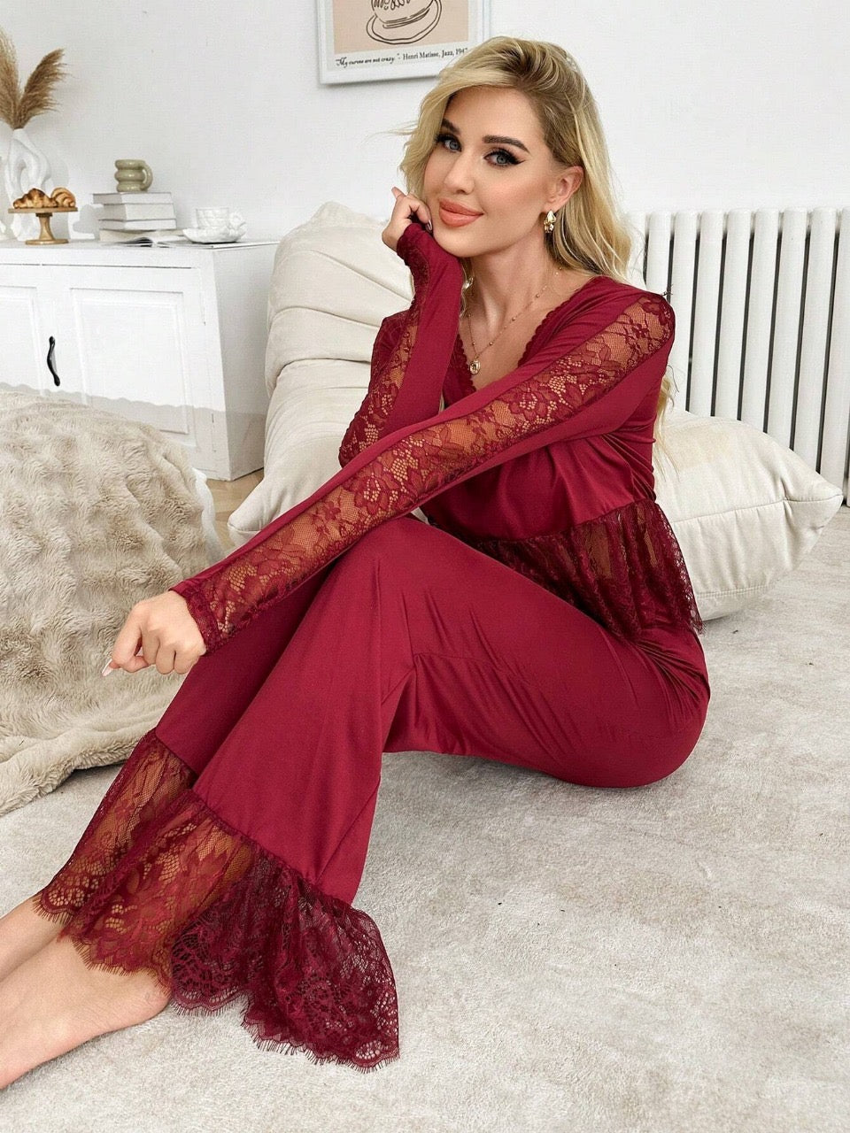 Casual Sexy Lace Trim Women's Sleepwear Pajama Set, For Christmas