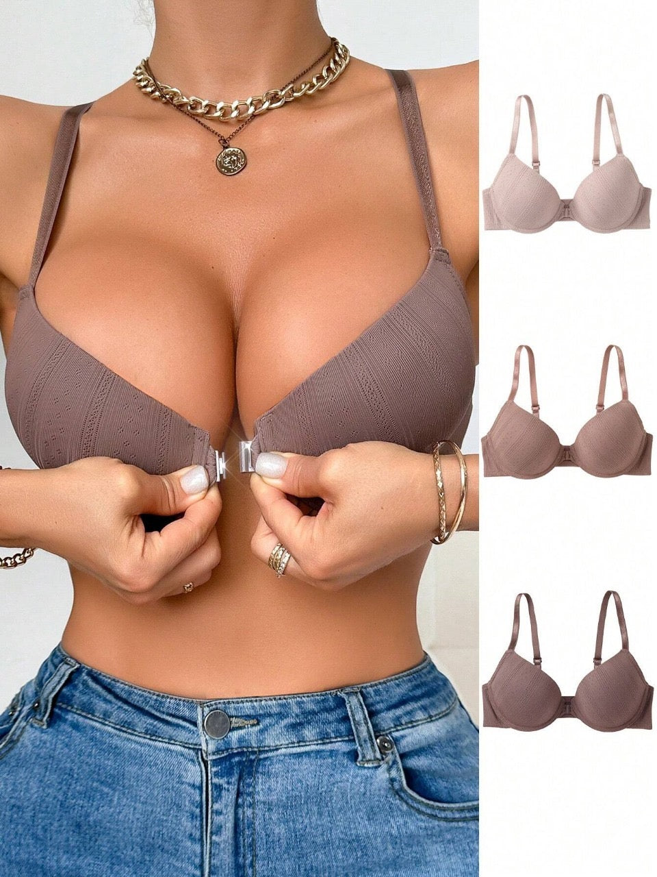 3pcs Casual Comfortable Breathable Front Buckle Bra That Supports And Lifts The Chest, Prevents Sagging, And Shapes The Chest And Shoulder