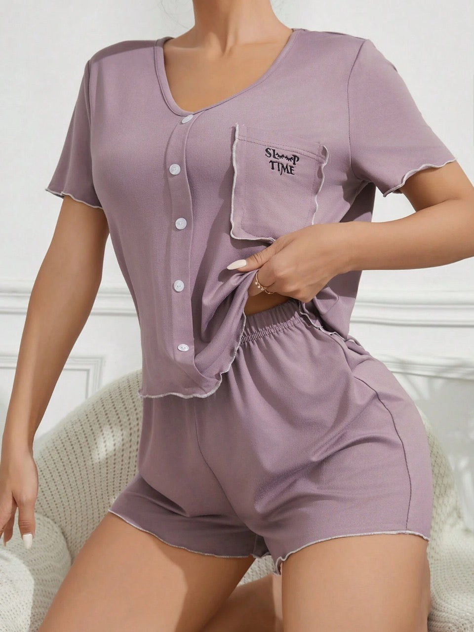 Ladies' Home Wear Set With Letter Embroidered Top And shorts