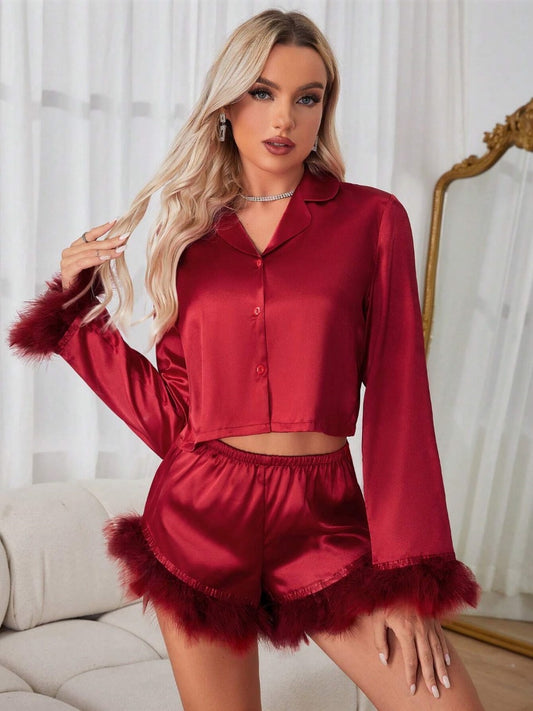 Women's Cuffs Patchwork Single Breasted Top And Shorts Pajama Set