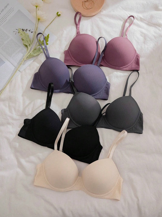Women Solid Color Simple And Comfortable Bra (Steel Ring, 5 Pieces/Set)