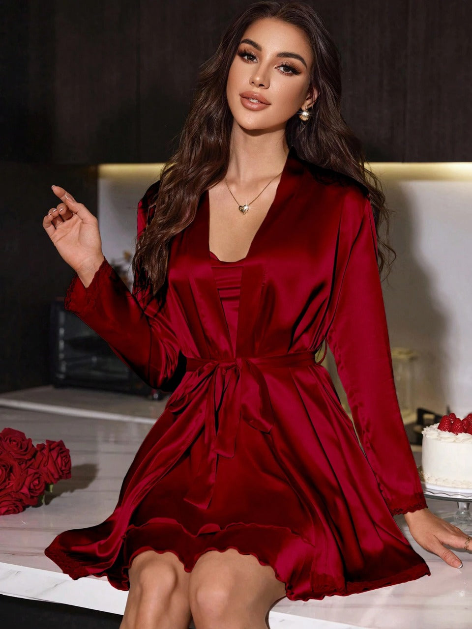 SilkySpell Women's Faux Silk Sexy Open Back Strap Nightgown Red Dress And Robe Pajama Set, Valentine Day Outfit