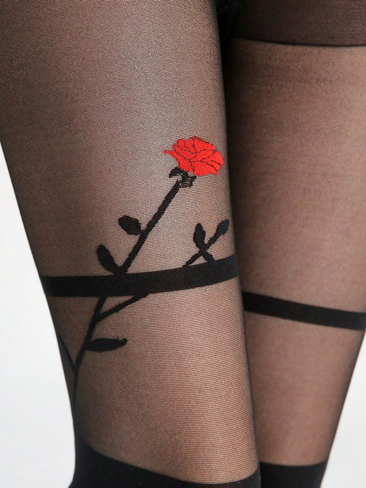 1pc Women Rose Patterned Opaque Tights, Sexy Sheer Skin Tight Pantyhose