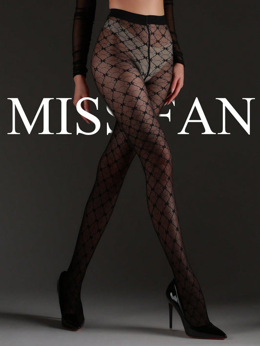 1pc 50D Square Patterned Skinny Pantyhose, Sexy Vintage Style, Slimming & Shaping Sheer Tights, Thin High Elastic Hosiery For Women, Suitable For All Seasons, Black
