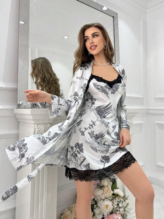 Ladies' Scenery Printed Lace Trimmed Cami Nightgown Pajama Set