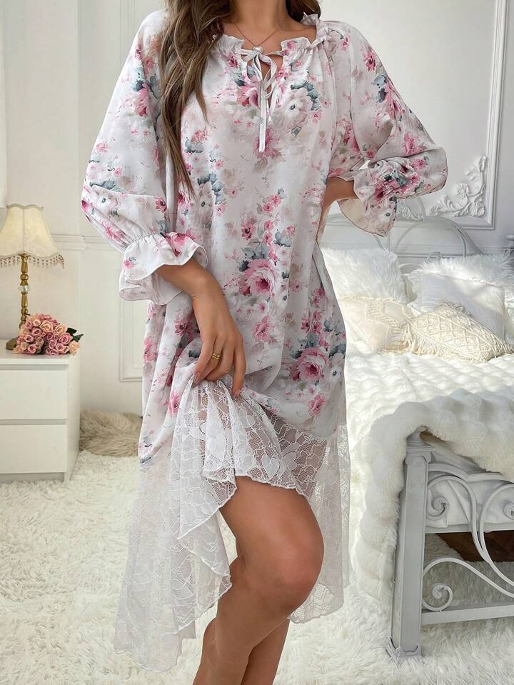 Women'S Floral Print Lace Trimmed Neckline Ribbon Tie Sleep Dress