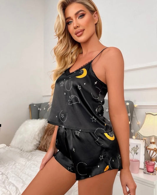 Moon and Star Print Lace Trim Cami Top & Shorts PJ Set