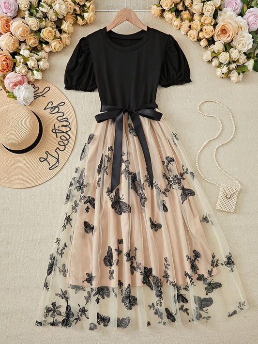 VCAY Women's Butterfly Patchwork Mesh Round Neck Short Puff Sleeve Bubble Dress