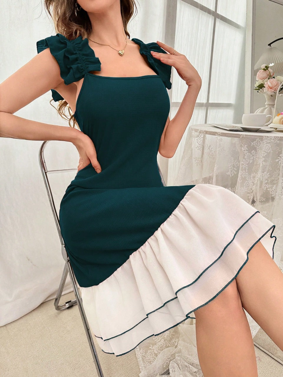 Women Contrast Color Chiffon Ruffle Hem Strap Nightdress
