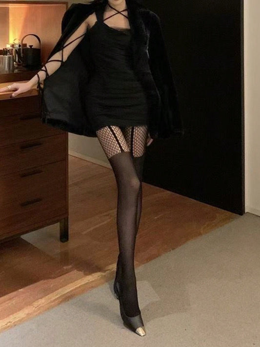 1 Pair Women's Fashion Black Mesh Pantyhose, Sexy Fishnet Stockings, Leg Decor