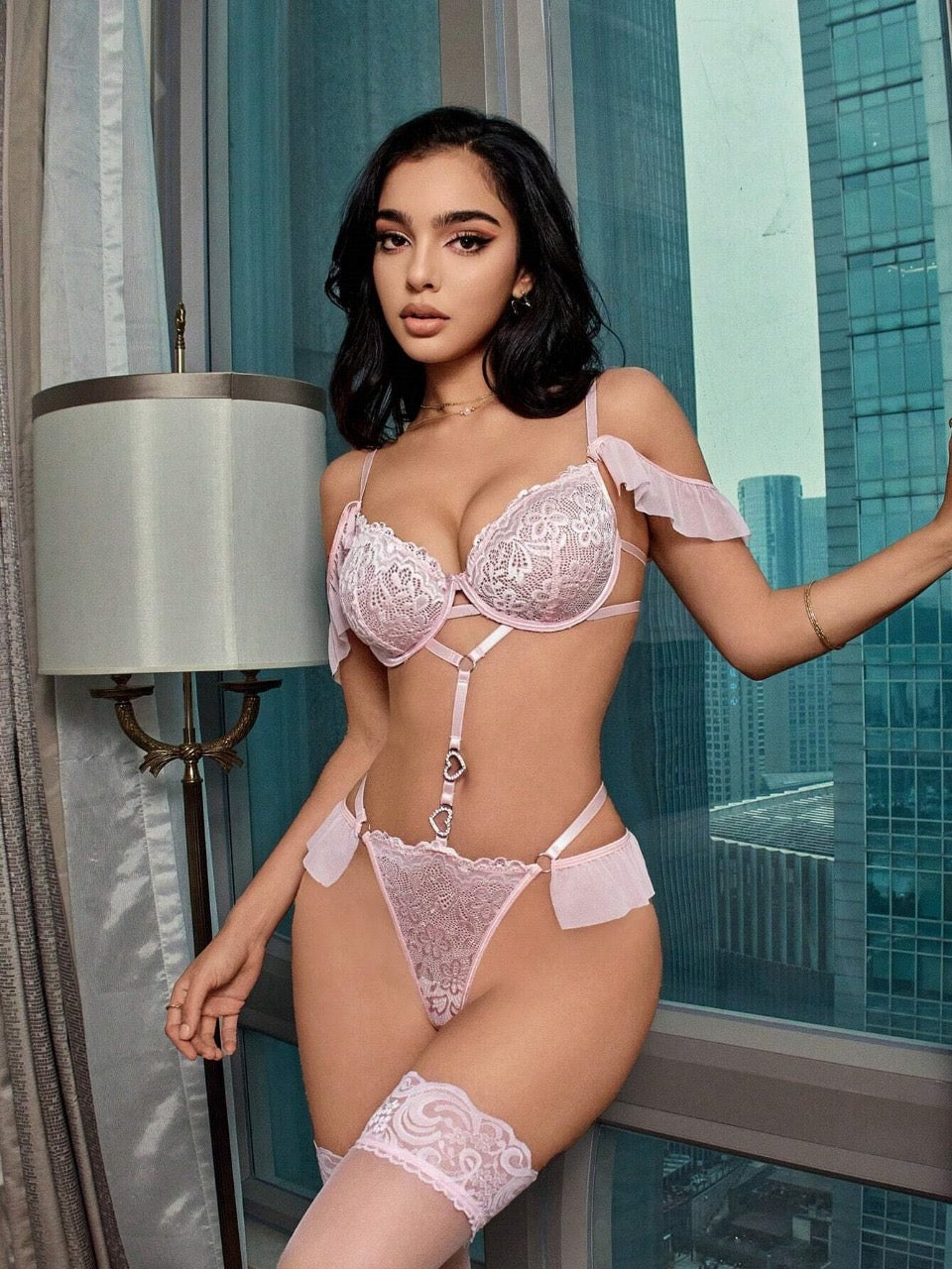 Lace Bodysuit And Stockings Set With Underwire For Women (3pcs)