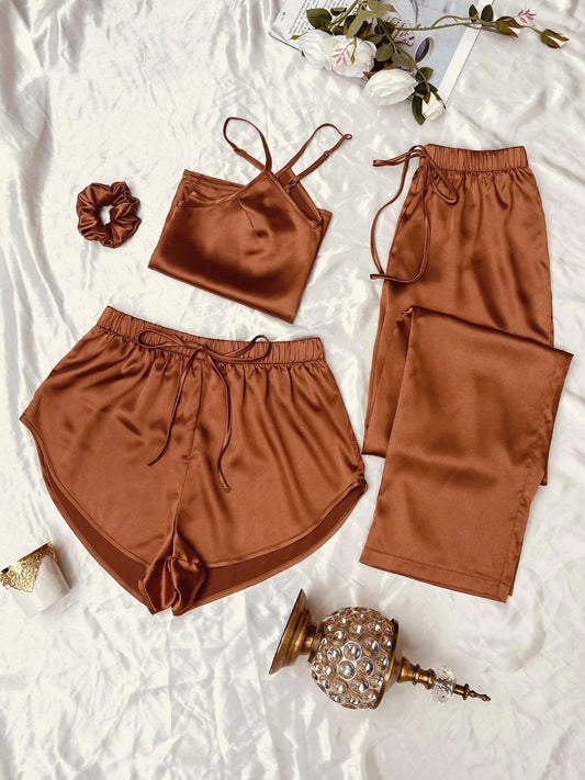 Satin Cami Top & Tie Waist Shorts & Pants & Hairband PJ Set