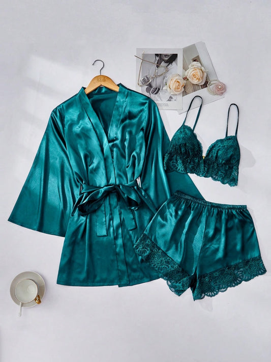 Contrast Lace Belted Satin Robe & Cami Top & Shorts PJ Set