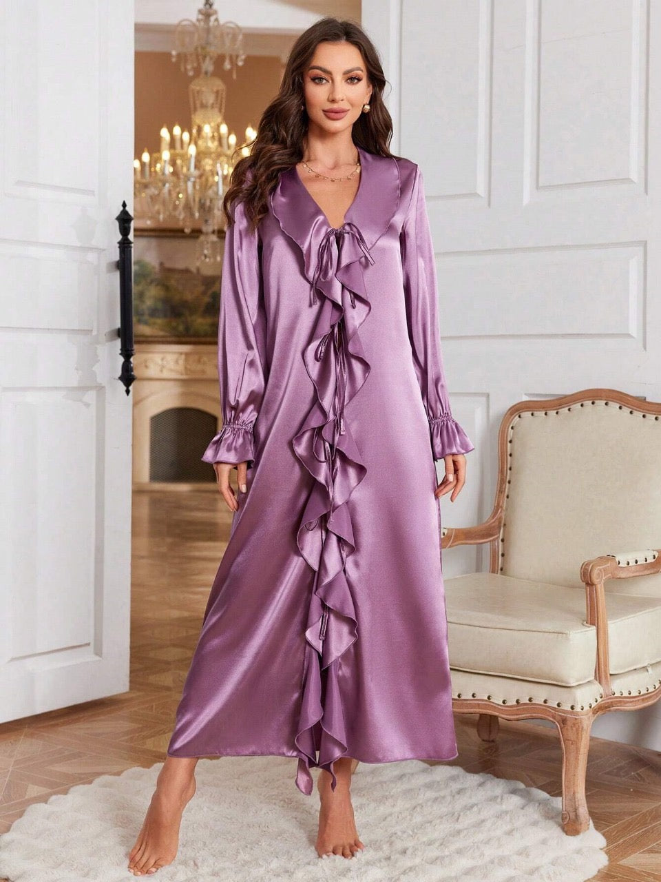 Faux Silk Robe With Ruffle Trim And Tie Belt, Long
