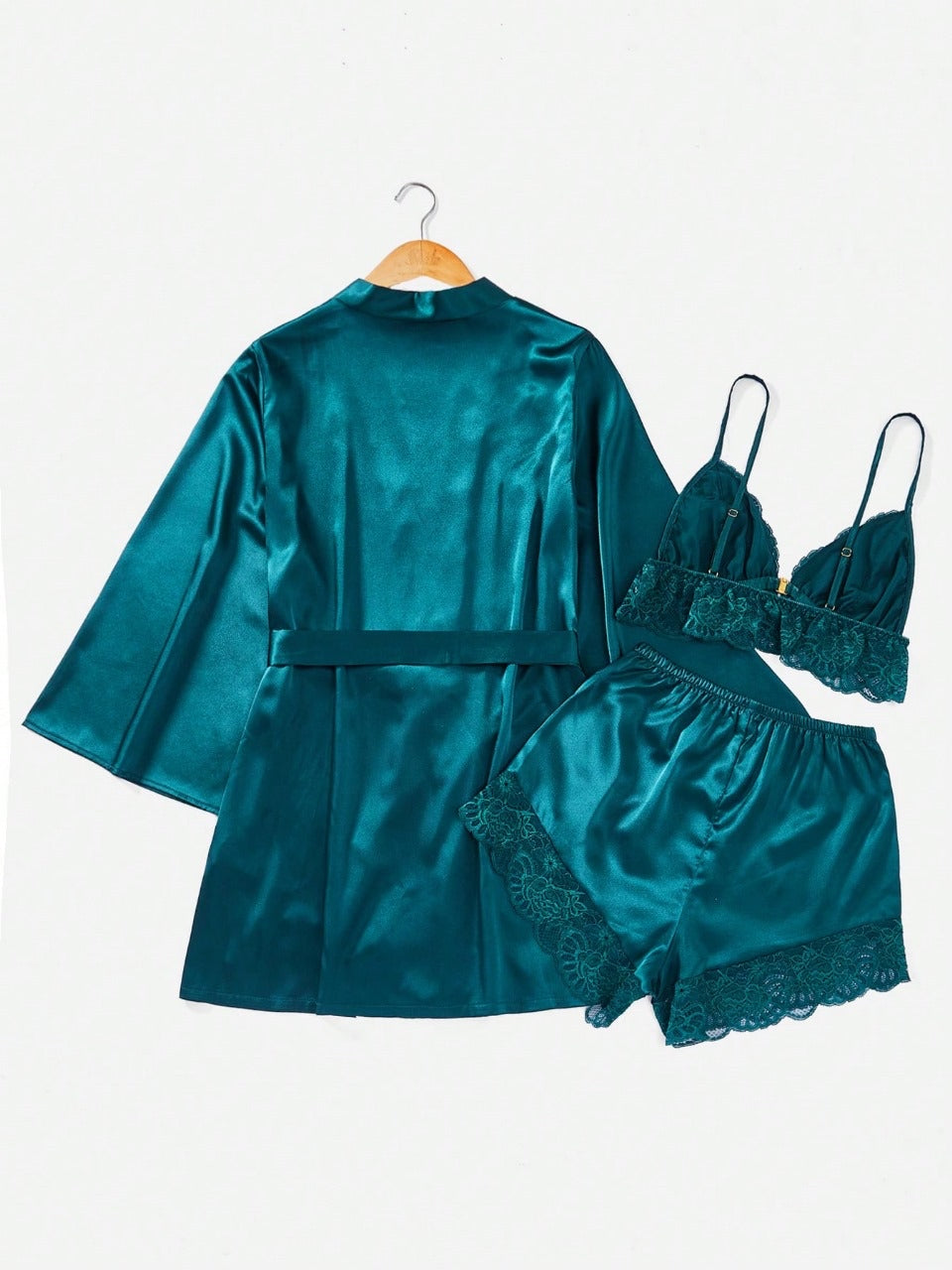 Contrast Lace Belted Satin Robe & Cami Top & Shorts PJ Set